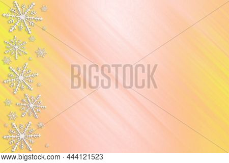 Winter Yellow Pink Saturated Bright Gradient Background With Random Snowflakes Sideways And With Dia