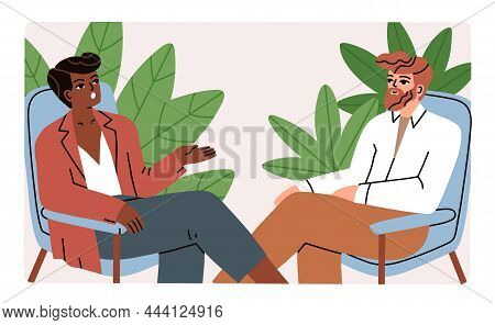 People At Interview. Conversation With Celebrity In Studio. Man Host Listening To Woman Guest Answer
