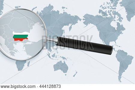 Asia Centered World Map With Magnified Glass On Bulgaria. Focus On Map Of Bulgaria On Pacific-centri