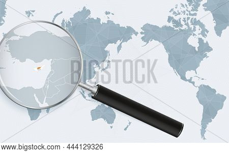 Asia Centered World Map With Magnified Glass On Cyprus. Focus On Map Of Cyprus On Pacific-centric Wo