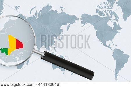 Asia Centered World Map With Magnified Glass On Mali. Focus On Map Of Mali On Pacific-centric World 
