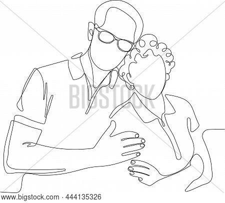 Continuous One Line Drawing Of Senior Couple. Elderly People Hug Together. Old People In Love. Man A