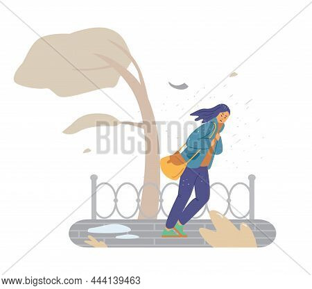 Asian Girl Wearing Jacket Walk In The Street Under Heavy Rain And Strong Wind. Woman In Windy Rainy 