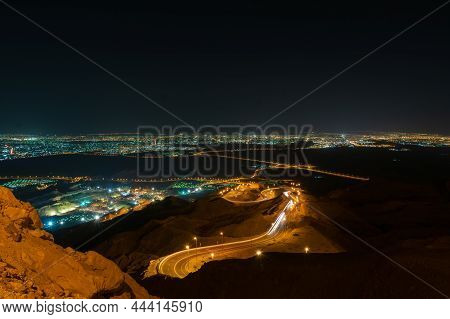Beautiful Night View Of The Road Leading To The Jebel Hafeet Mountain Summit In Al Ain, United Arab 