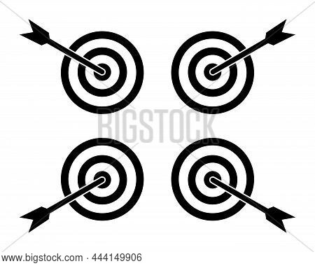 Arrow In Target Icon. Vector Accurate Goal Dart On Dartboard Flat Illustration. Accuracy Focused Bus