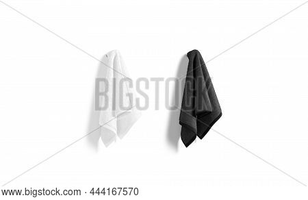 Blank Black And White Towel Hanging On Hook Mock Up, 3d Rendering. Empty Fiber Towels On Wall For Ba
