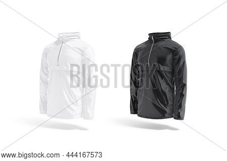 Blank Black And White Windbreaker Mock Up, Side View, 3d Rendering. Empty Synthetic Protection Cloak