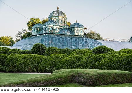 Laeken, Brussels  Belgium - 04 25 2018: Landscape View Over The Dome Of The Royal Glasshouses During