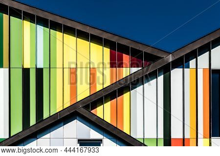 Dilbeek, Flemish Brabant Region, Belgium - 7 2 2021: Abstract Colors And Lines From The Facade Of A 