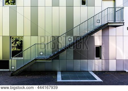 Dilbeek, Flemish Brabant Region, Belgium - 7 2 2021: Abstract Colors And Lines From The Facade Of A 