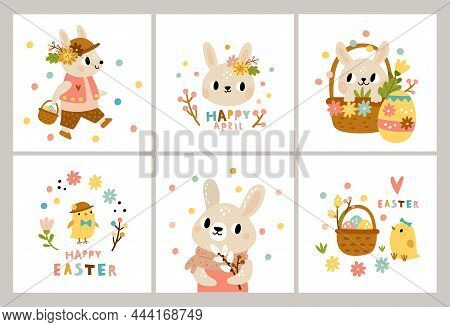 Easter Rabbits Cards. Cute Cartoon Bunny And Little Chicks Characters, Patterned Holiday Eggs With H