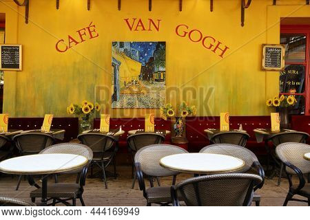 Arles, France - October 1, 2021: People Visit Cafe Van Gogh In Arles, France. Many Vincent Van Gogh'