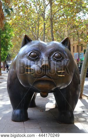 Barcelona, Spain - October 8, 2021: Public Space Cat Monument In Barcelona, Spain. The Cat By Artist