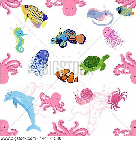 Marine Life, Fish, Animals Bright Seamless Pattern. Sea Travel, Underwater Diving Animal Tropical Fi