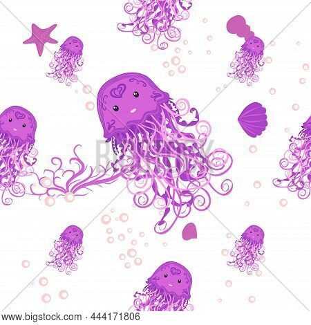 Jellyfish, Fish, Animals Bright Seamless Patterns. Sea Travel, Snorkeling With Animals, Tropical Fis