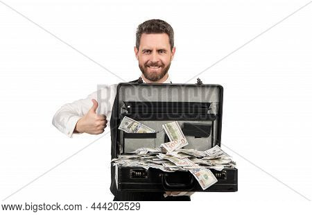 Happy Man Hold Cafe With Money Showing Thumb Up Isolated On White Background, Success