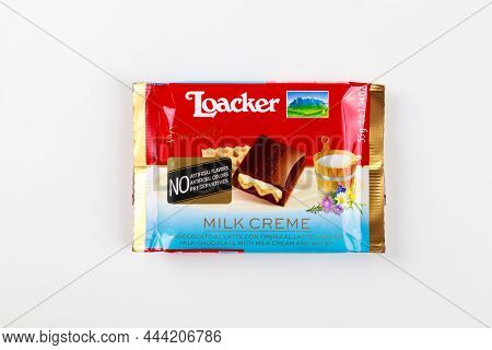 May 4, 2021. New York. Loacker Chocolate Bar With Milk Cream Filling On White Isolated Background.