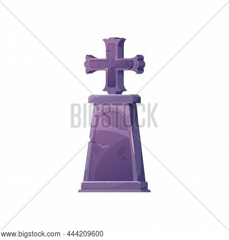 Tombstone With Cross Cartoon Icon, Grave Stone Isolated Halloween Symbol. Vector Cemetery And Gravey