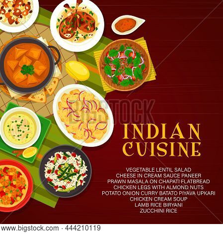 Indian Cuisine Vector Menu Cover Chicken Cream Soup, Lamb Rice Biryani And Cheese In Cream Sauce Pan