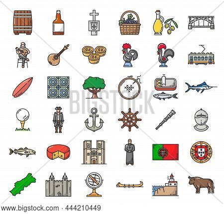 Portugal Landmarks And National Symbols Line Icons. Portuguese Food, Architecture And Culture Symbol