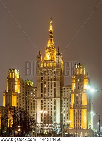 Winter Night View On The Residential Stalinist High-rise Building On Kudrinskaya Square With Illumin