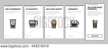 Coffee Types Energy Morning Drink Onboarding Mobile App Page Screen Vector. Espresso And Cappuccino,