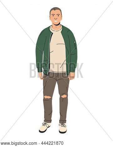 Young Caucasian Man In Bomber Isolated. Stylish White Guy In Summer Jacket And Jeans. Elegant Smilin