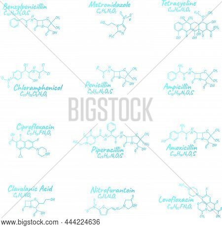 Set Of Antibiotic Chemical Formula And Composition, Concept Structural Medical Drug, Isolated On Whi