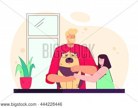Father Presenting Pet To His Daughter. Man And His Child Petting Dog Flat Vector Illustration. Famil