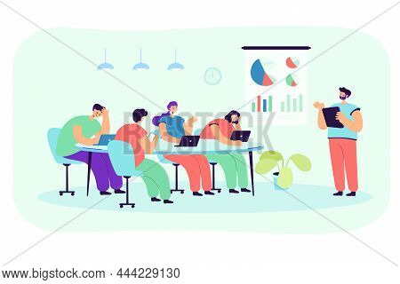Office Cartoon People Listening To Boring Presentation. Speaker Or Manager Giving Tiresome Lecture T