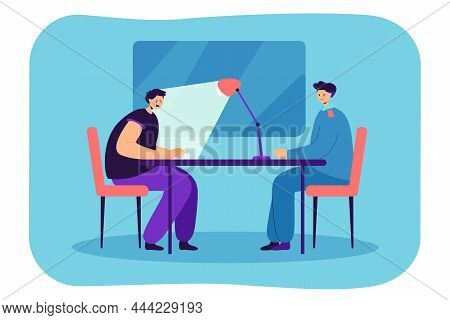 Police Officer Interrogating Criminal In Dark Room. Flat Vector Illustration. Suspect Sitting At Tab
