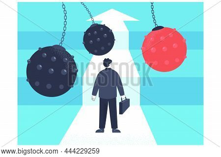 Resilient Businessman Facing Difficulties And Overcoming Obstacles. Fearless Cartoon Man Making Effo