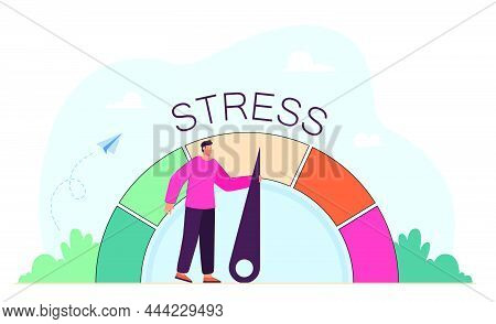 Tired Business Person Reducing Level Of Stress. Cartoon Character Pulling Arrow, Measure Of Stress A