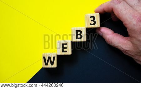 Web3 Or Web 3 Symbol. Wooden Cubes With Concept Words Web 3. Beautiful Yellow And Black Background, 