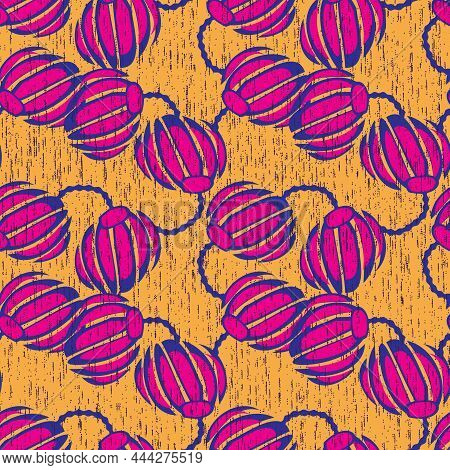 Vivid Pink Round Flowers Vector Pattern On Yellow