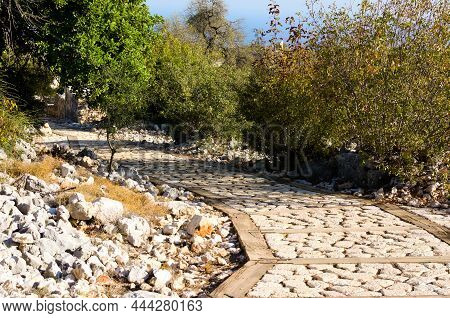 Scenic Winding Cobble Stone Pathway Along The Trees And The Ruins Of Antique Buildings. Kanlidivane 