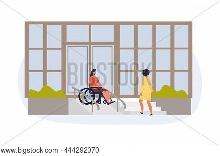 Person With Disabilities In Society Concept. Young Woman In Wheelchair Descends On Ramp From Buildin