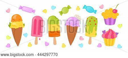 Ice Cream Cartoon Set. Muffin, Lollipop, Ice Creams Cone Vanilla Fruit, Berry Ice Lolly. Kawaii Summ