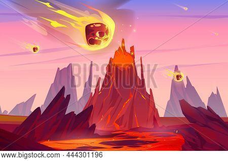 Meteor Rain Falling On Earth With Erupting Volcano, Rocks And Lava Around. Cartoon Prehistoric Lands