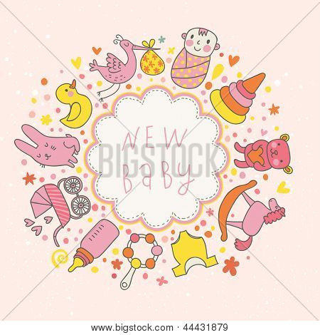 赤ちゃんベクトル カード。幼稚な要素 - ベビーカー、コウノトリ、ウサギ、クマ、ガラガラと他の漫画します。