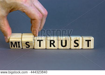 Mistrust Or Trust Symbol. Businessman Turns Wooden Cubes, Changes Words 'mistrust' To 'trust'. Beaut