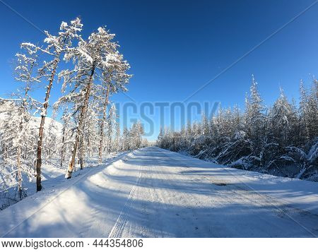 Straight Empty Asphalt Automobile Road Kolyma, Yakutia, Russia, Travel Concept