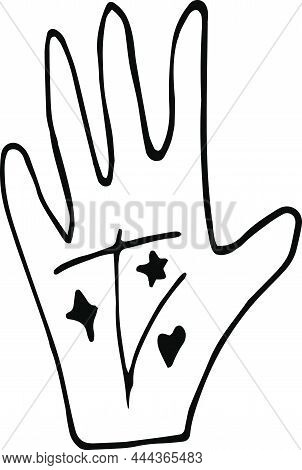Cute Doodle Vector Elements About Magic And Chiromancy, Divination. Hand Drawn Hand With Magical Sym