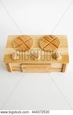 Wooden Eco Toy Stove In Details. Educational Toys On White Background. Good Game For Each Child