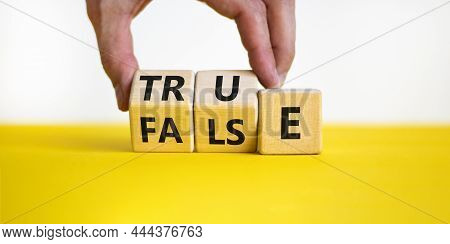 False Or True Symbol. Businessman Turns Wooden Cubes And Changes The Word False To True Or Vice Vers