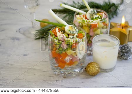 Delicious Salad Olivier Christmas Background Restaurant Mixed