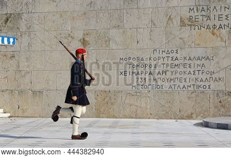 Athens, Greece - December 2019: Presidential Guard Soldier (evzones Or Evzonoi) Parades In Front Of 