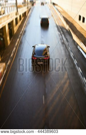 Black Luxury Crossover Mercedes Benz Gle 350d Coupe Aerial View. Rear Top View Of 4wd Suv Driving On