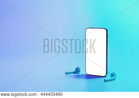 Screen Mockup. Mobile Smartphone Technology Blank Screen. Mock Up Smart Phone Device, Audio Headphon