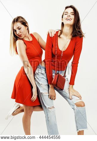 Best Friends Teenage Girls Together Having Fun, Posing Emotional On White Background, Besties Happy 